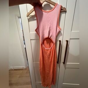 Bodycon Two-Tone block Pink & Orange Cutout Midi Dress